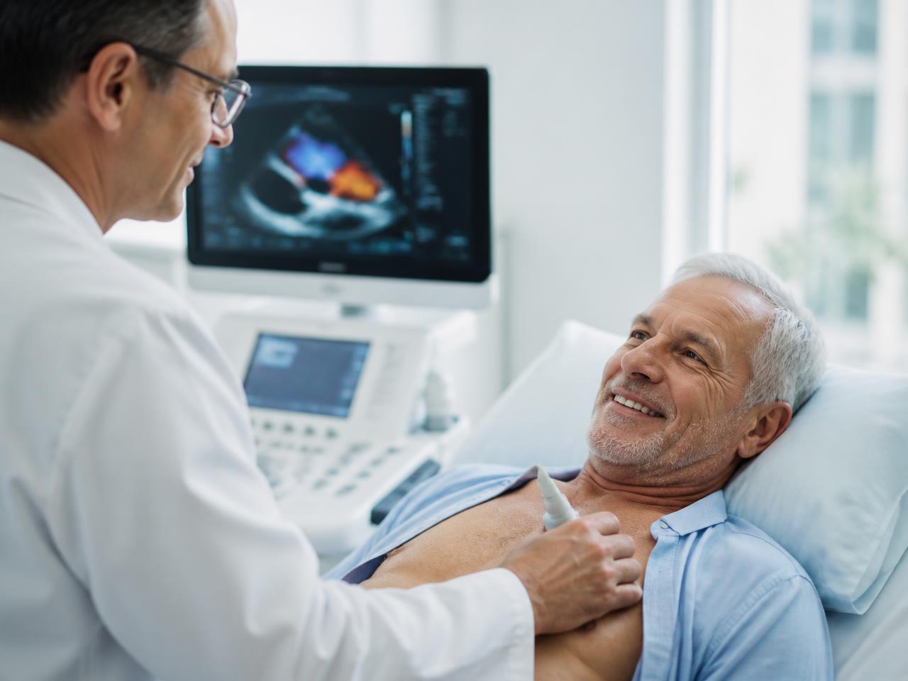 Cardiologista realizando ecocardiograma em paciente