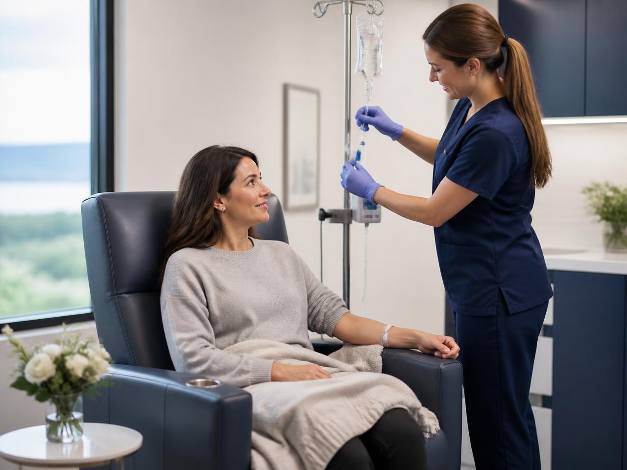 Enfermeira ajustando infusão para paciente em poltrona